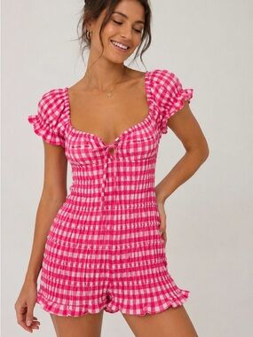 NWOT ASOS Pink and White Gingham Smocked Romper